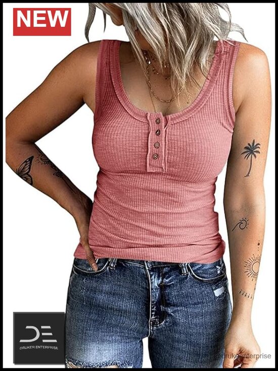 Tops - Sleeveless Henley Tank Top Ribbed V Neck Button Down T Shirt Slim Fit Tee